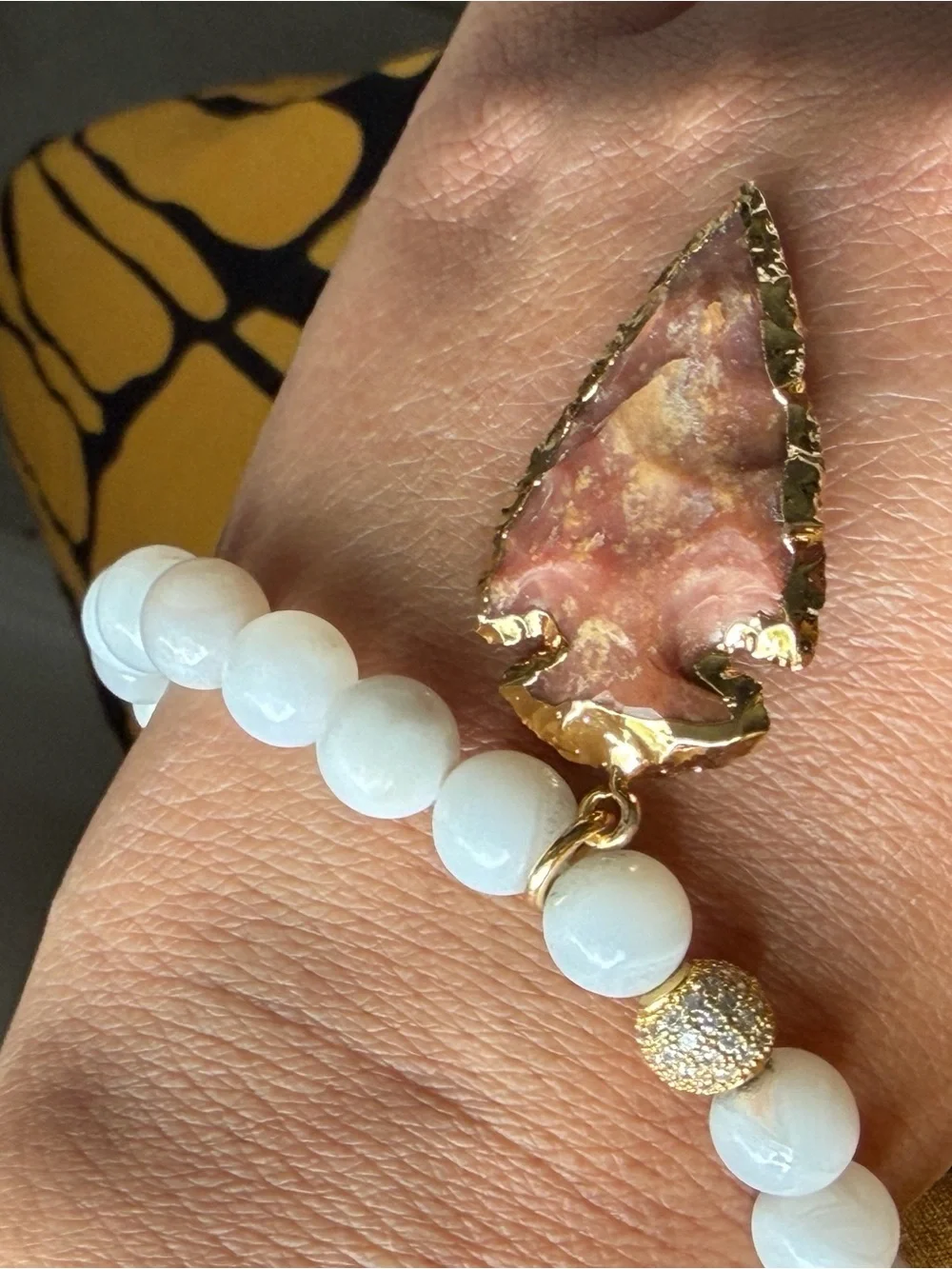 Semi-Precious White Beaded Bracelet with Gold-Edged Arrowhead Gemstone Charm